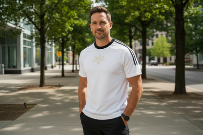 White t-shirt with black stripes and a logo on a white background