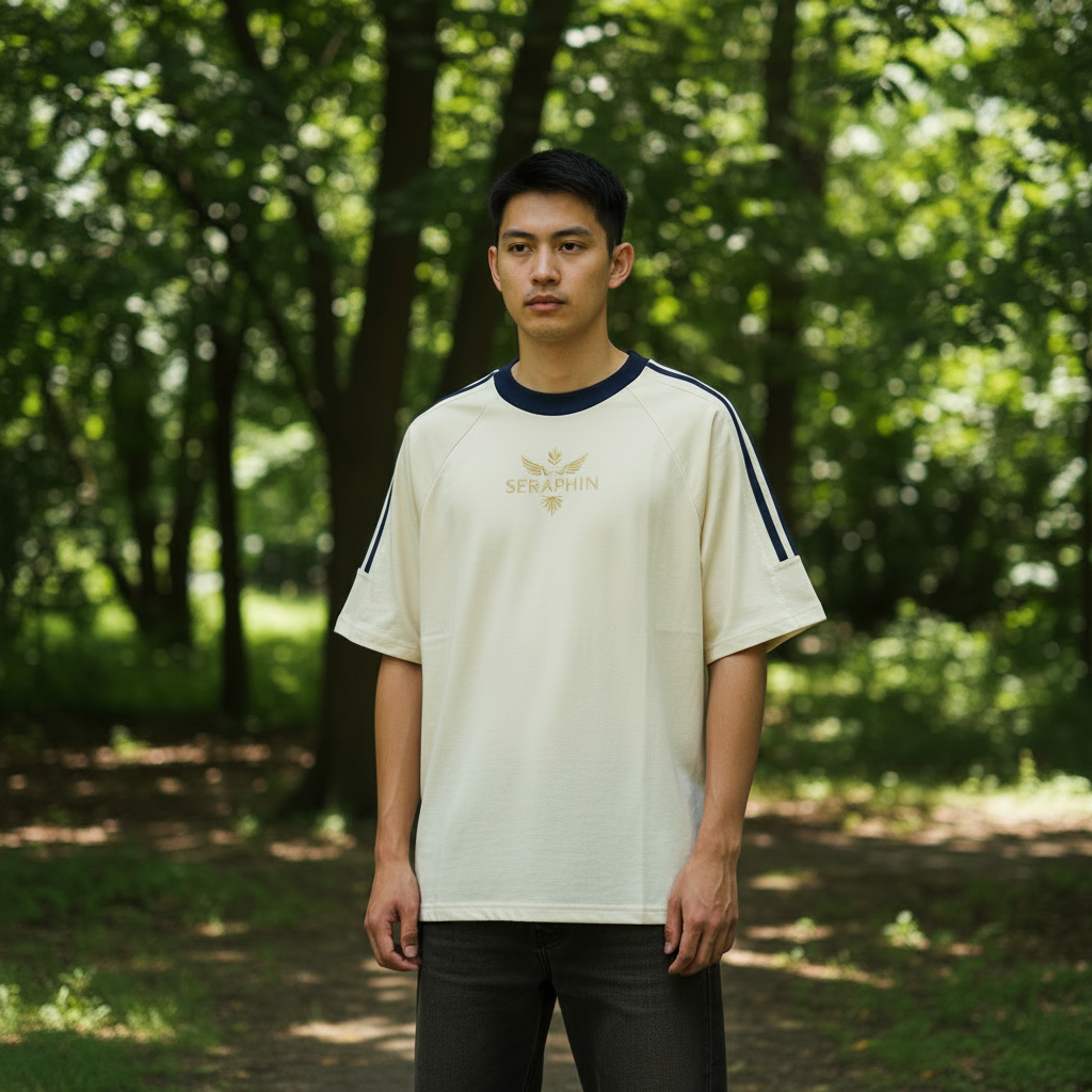 Beige t-shirt with navy stripes on sleeves and neckline, featuring a logo on a white background