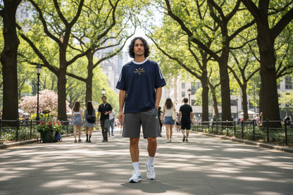 Navy blue t-shirt with white stripes on sleeves and 'Seraphin' logo on a white background